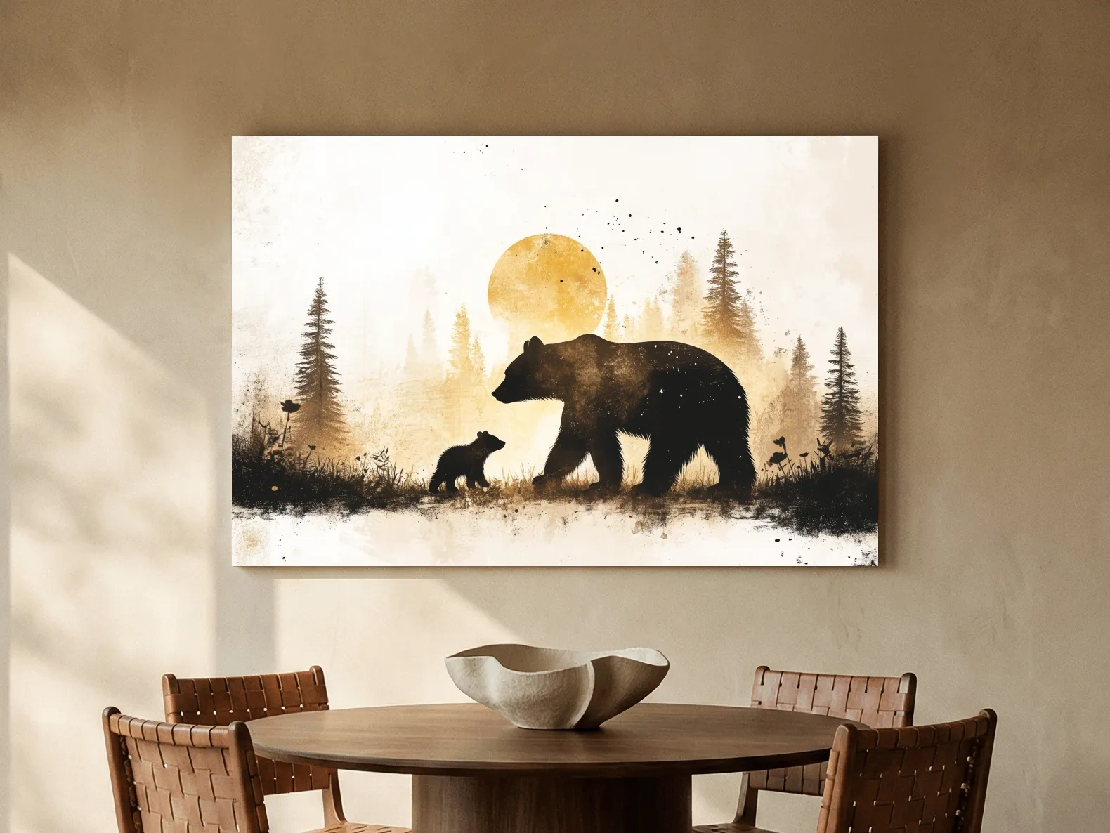 Momma Bear And Cub Watercolor Silhouette - Rustic Forest Wildlife Wall Art