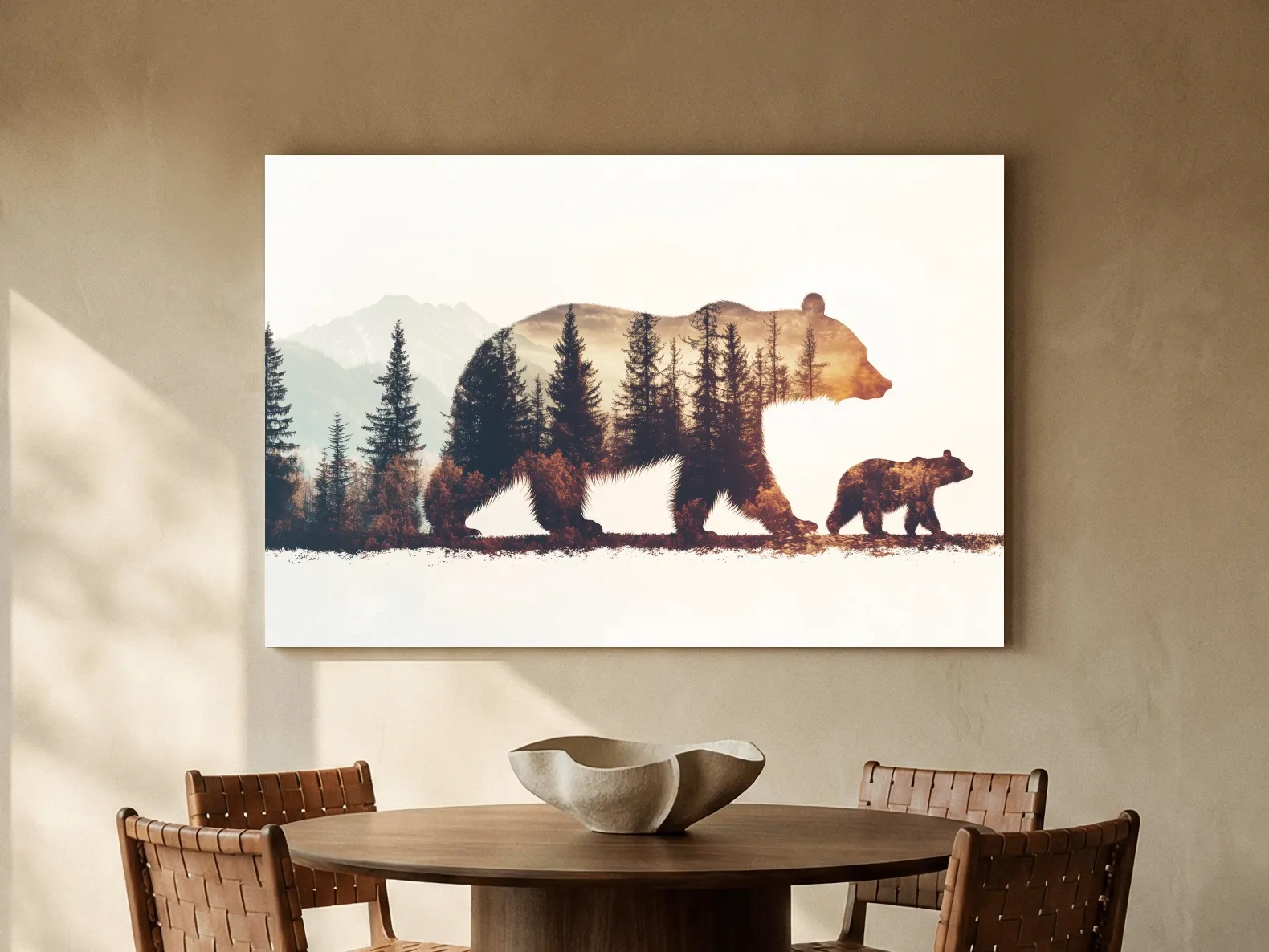 Rustic Double Exposure Bear Family - Sunset Forest Wildlife Wall Art