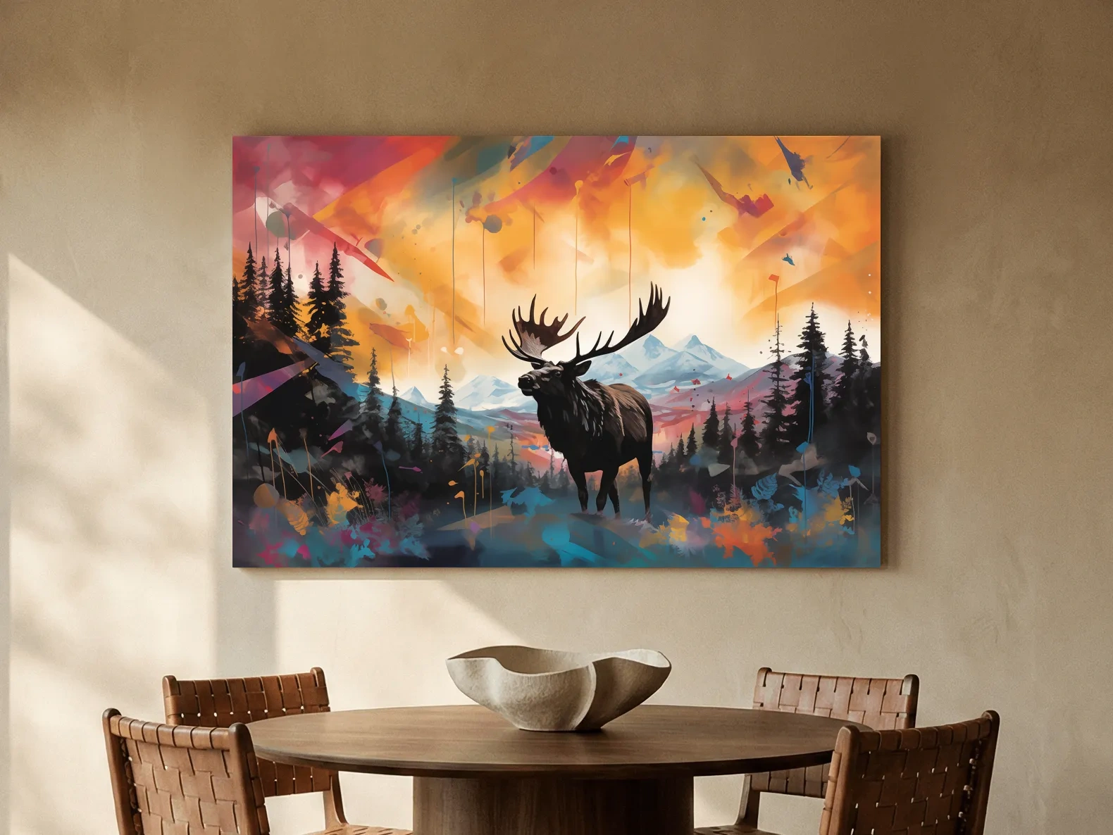 Vibrant Abstract Moose Mountain Painting - Colorful Wildlife Wall Art