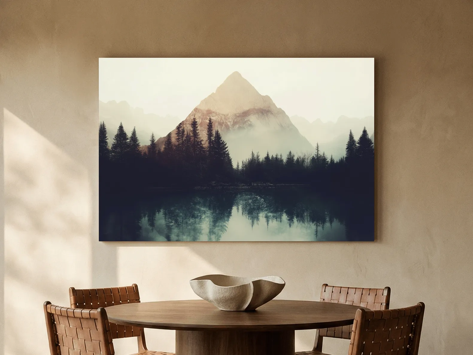 Misty Pine Forest Silhouette Lake Reflection - Moody Mountain Wall Art