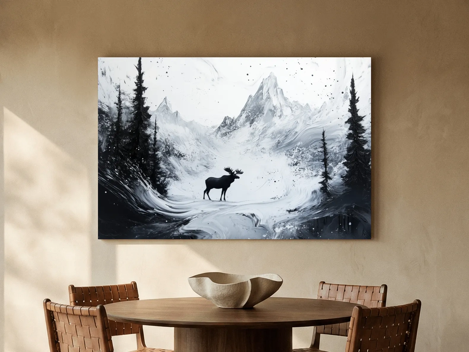 Moody Monochrome Moose Alpine Meadows - Abstract Ink Wash Wildlife Wall Art