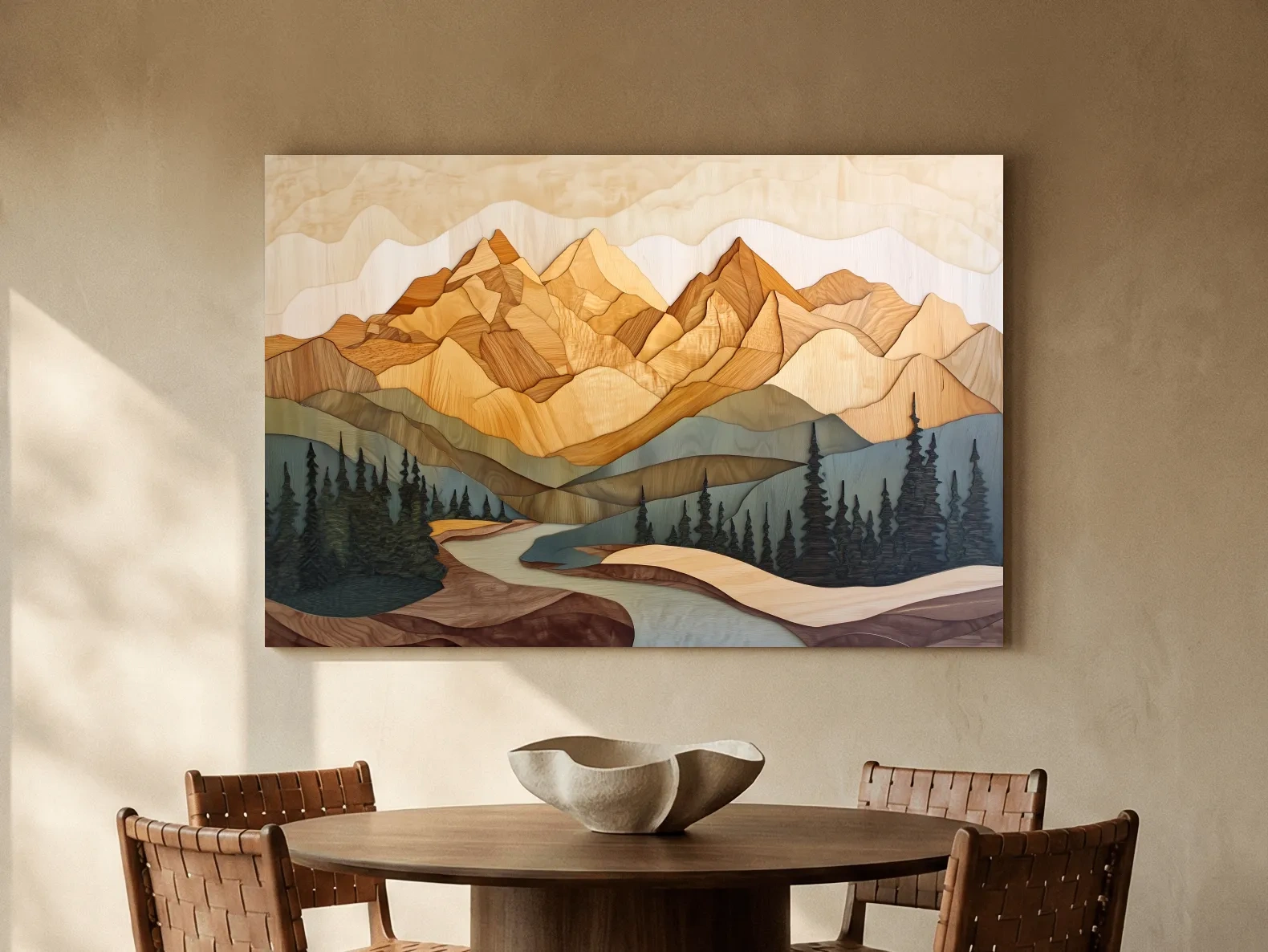 Wood Intarsia Mountain Landscape - Warm Earth Tone Alpine Forest Wall Art