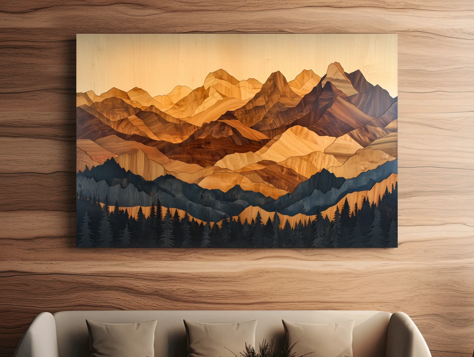 Layered Woodcut Intarsia Mountain Range Landscape - Peaks And Pine Forest Wall Art
