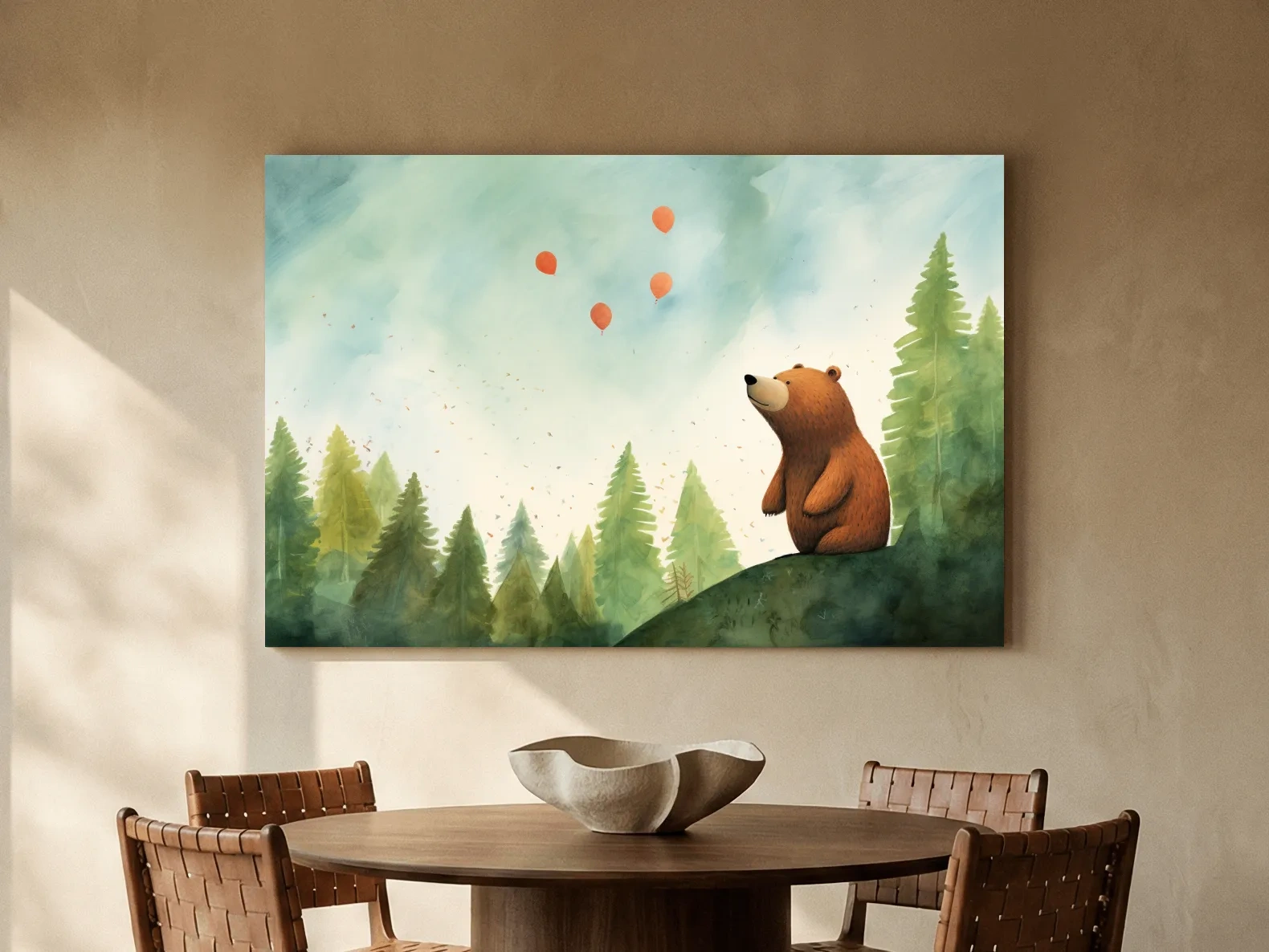 Whimsical Watercolor Bear Watching Balloons - Cute Nursery Forest Wall Art