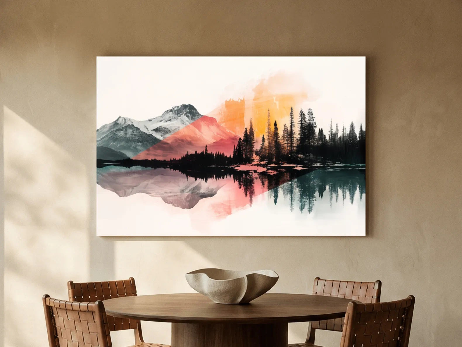 Abstract Alpine Lake Reflection Painting - Modern Watercolor Forest Landscape Wall Art