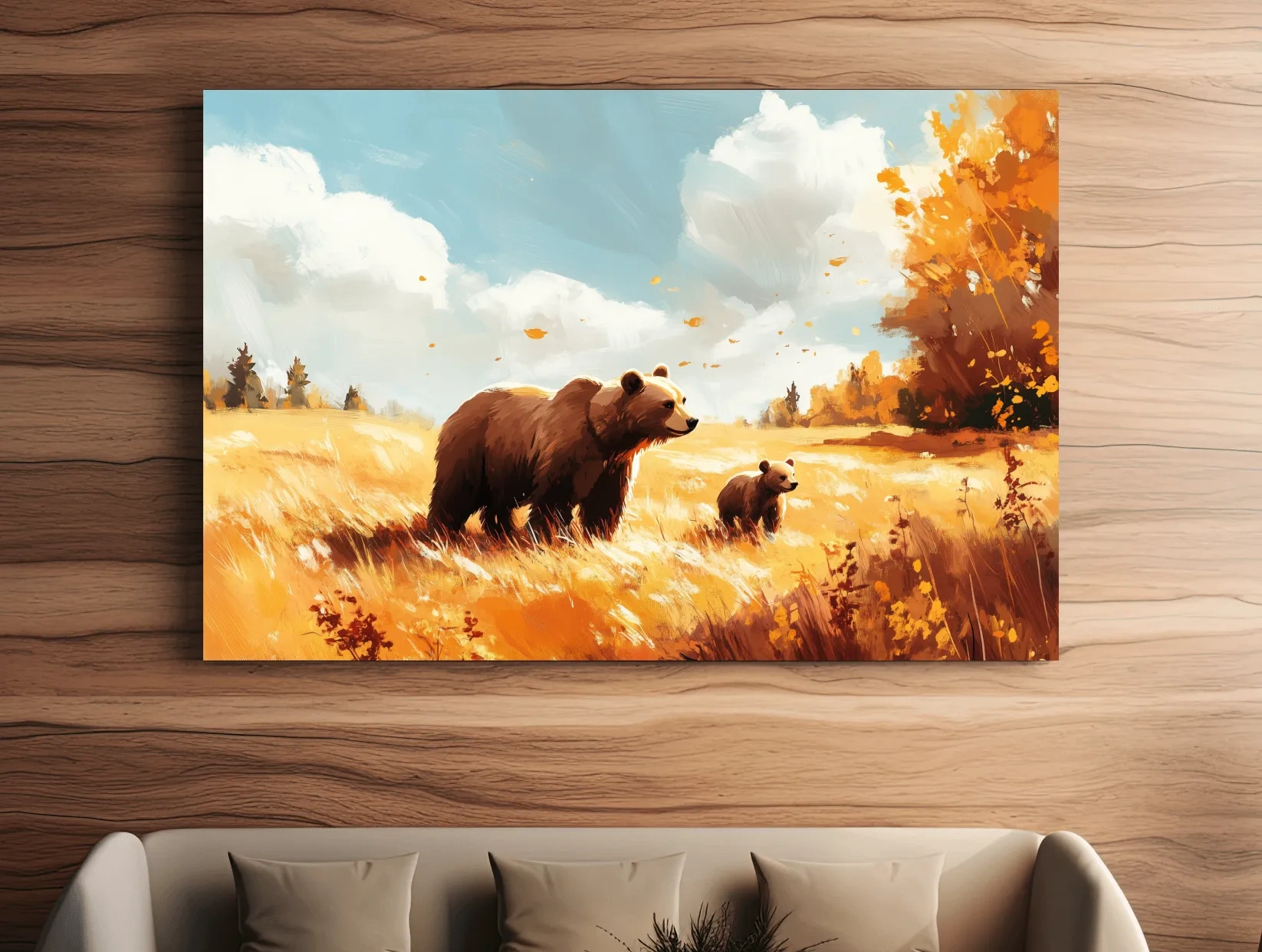 Autumn wildlife wall art, mother bear and cub in a golden meadow, painterly and impressionism style