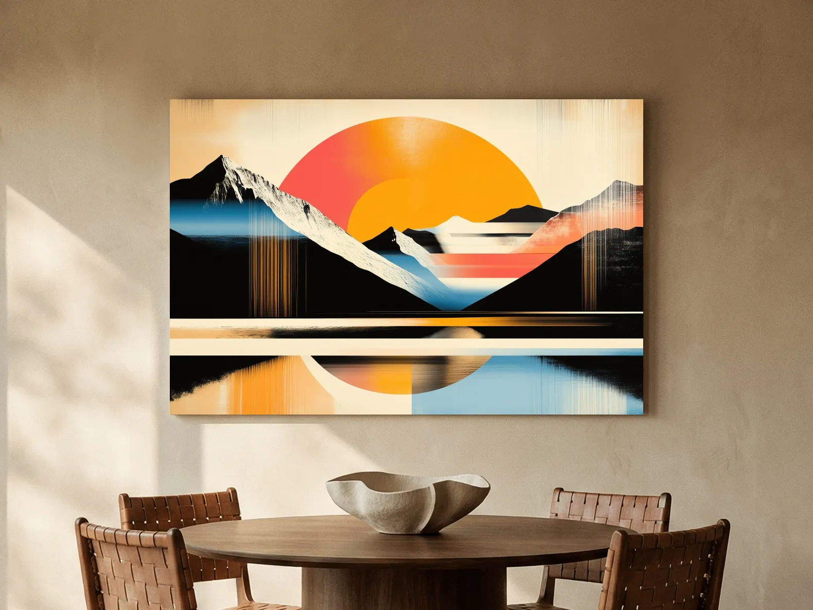 Retro Abstract Alpine Lake Sunset Artwork - Geometric Landscape Wall Art