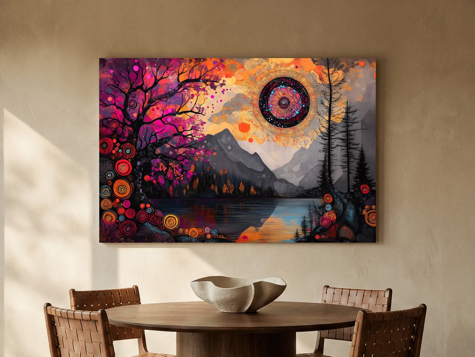 Psychedelic Mountain Lake Sunset Mandala - Vibrant Surreal Landscape Wall Art