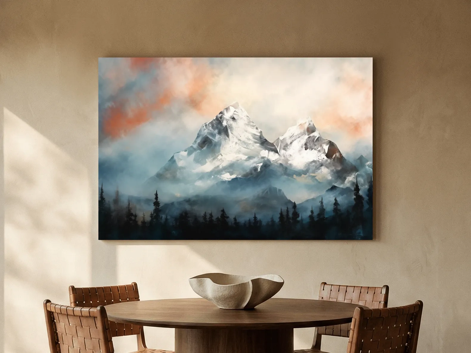 Misty Snowcapped Mountain Peaks Painting - Alpine Sunset Wall Art