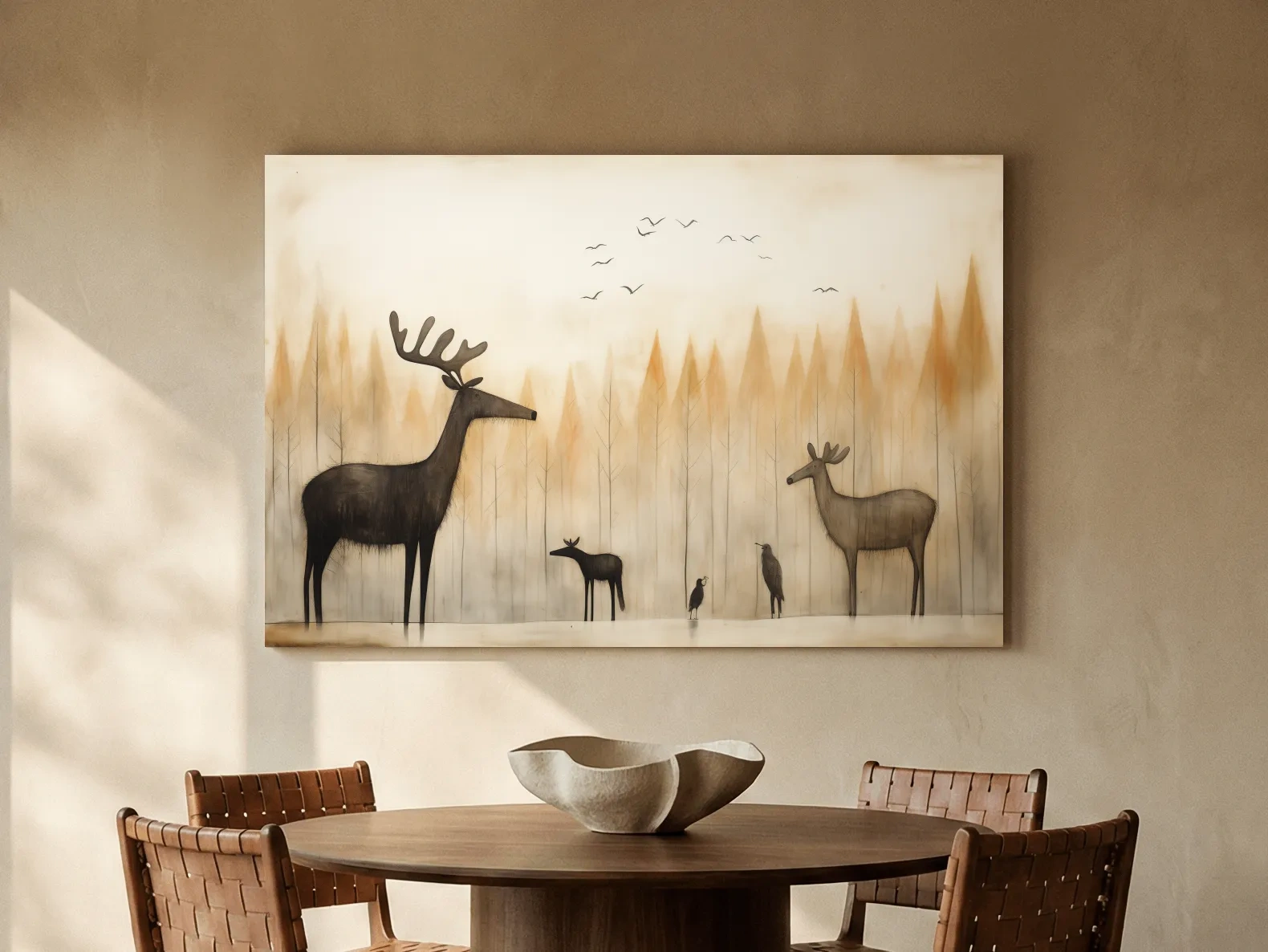 Minimalist Woodland Deer Family Illustration - Scandinavian Nursery Forest Wall Art
