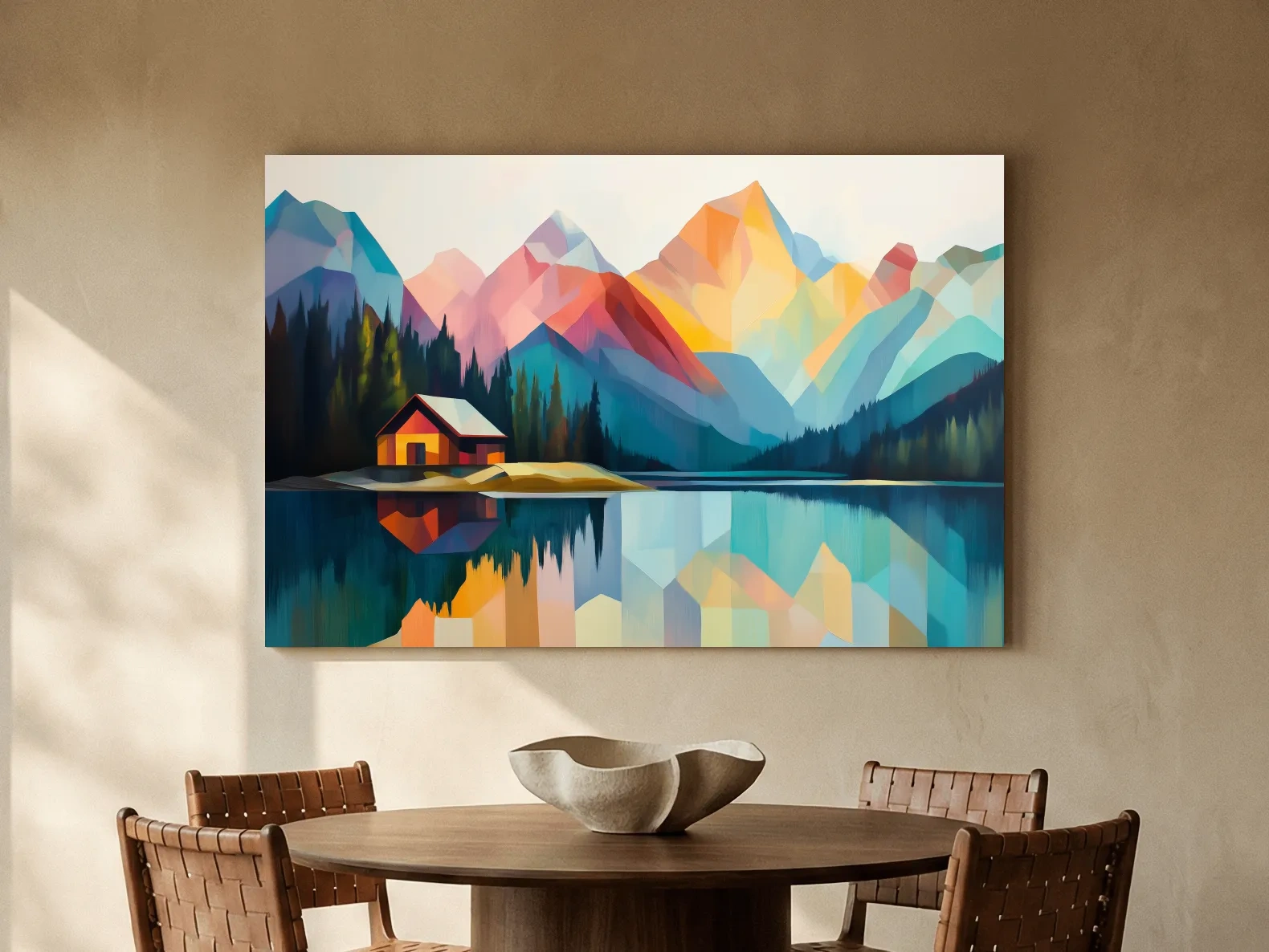 Vibrant Geometric Mountain Lake Cabin - Modern Abstract Landscape Wall Art