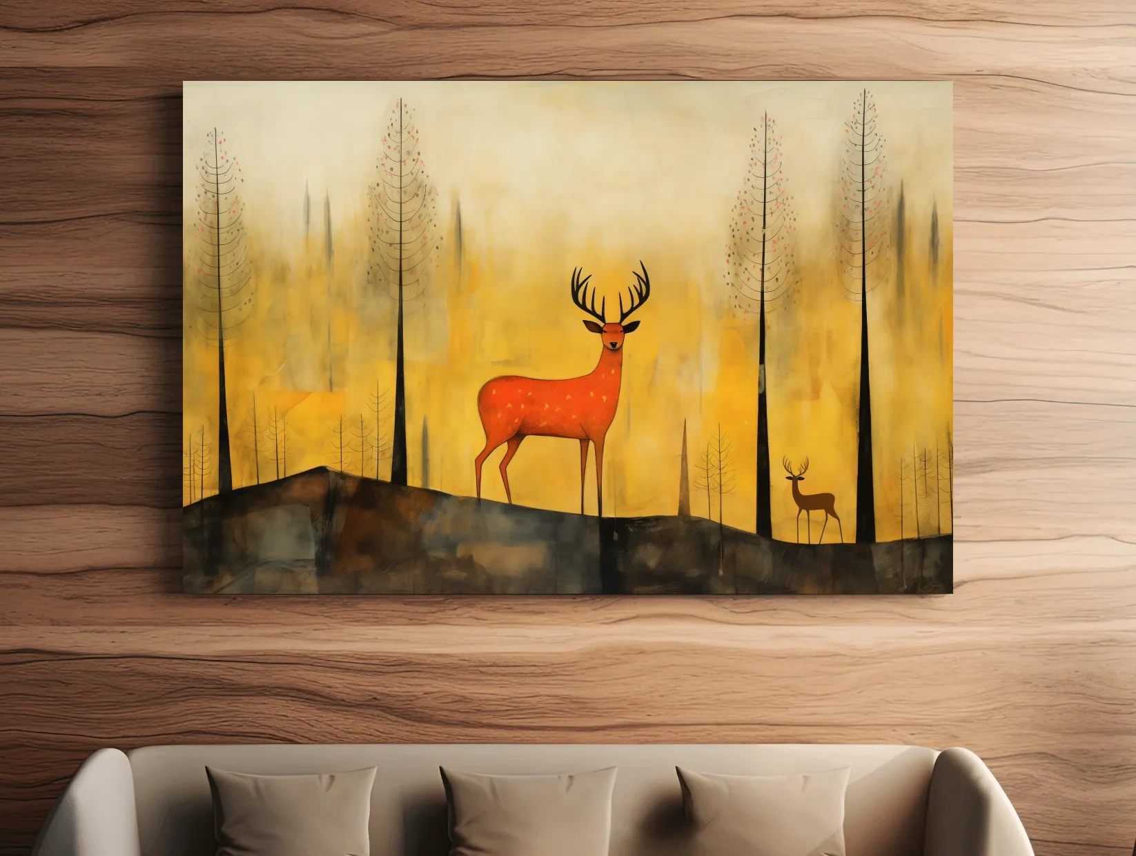 Whimsical Deer In Autumn Forest - Golden Woodland Landscape Wall Art