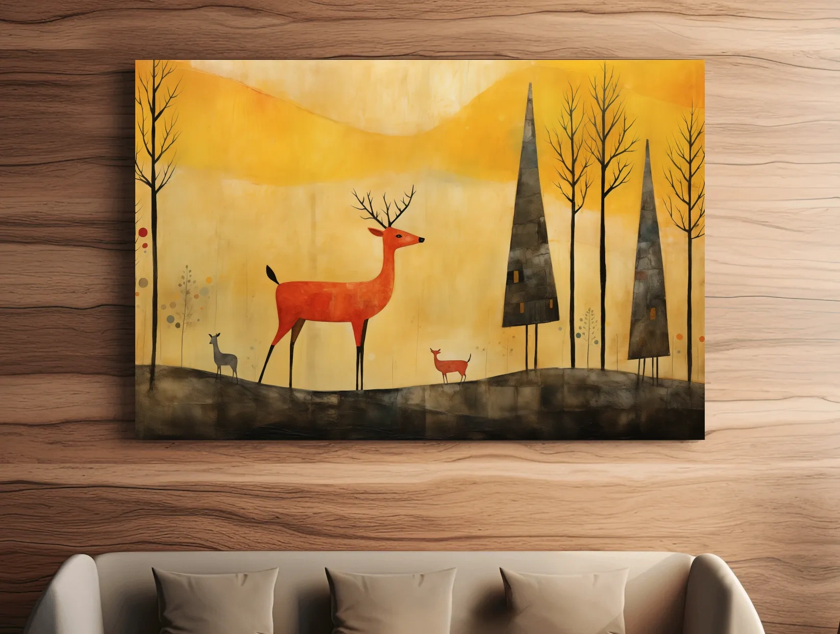 Whimsical Deer Forest Illustration - Autumn Woodland Landscape Wall Art