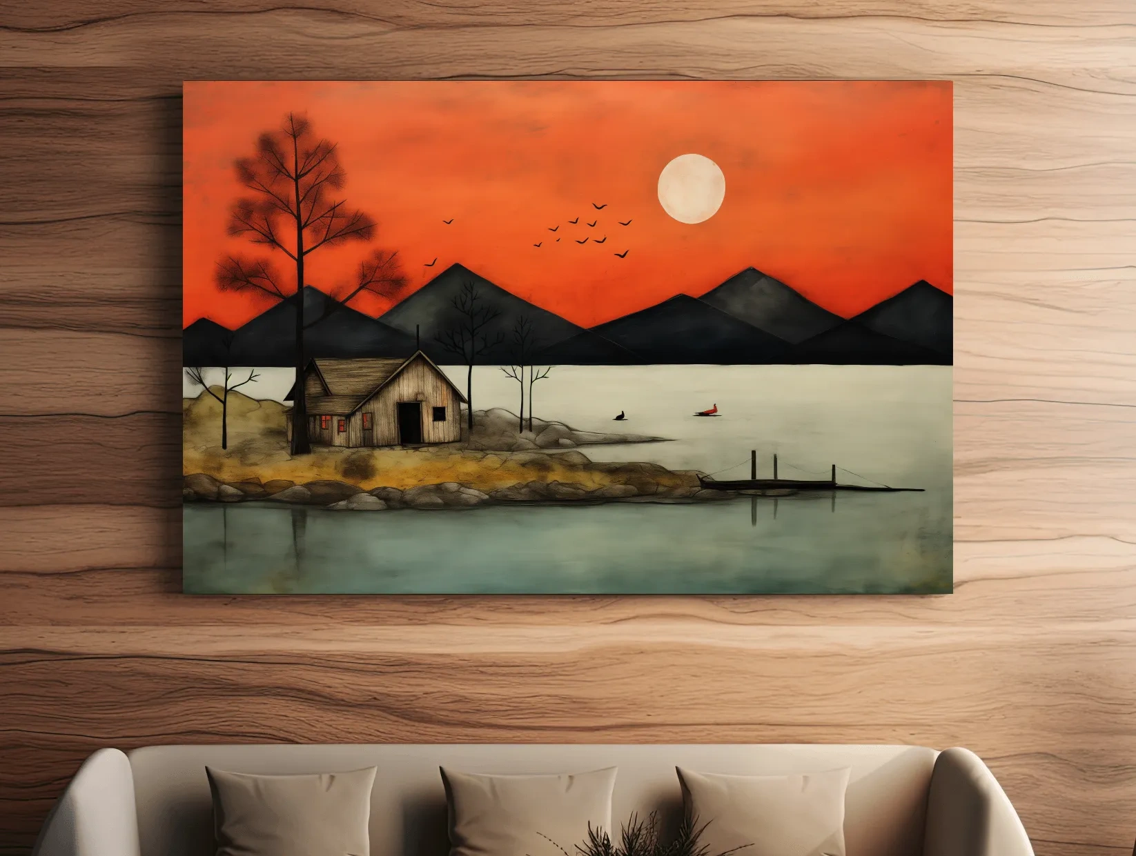 Rustic lakeside cabin art at sunset, textured effect wall art painting