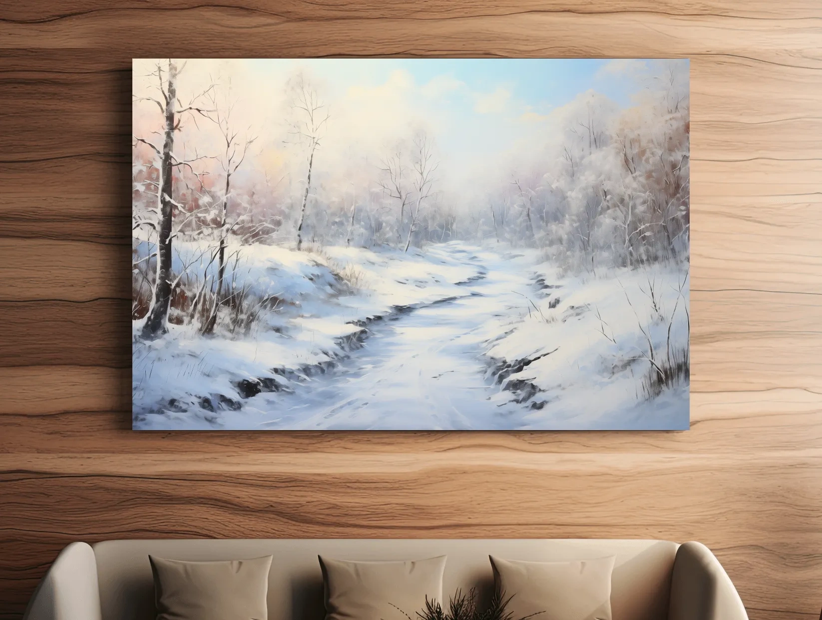 Winter landscape artwork, serene snowy forest path with soft pastel sky