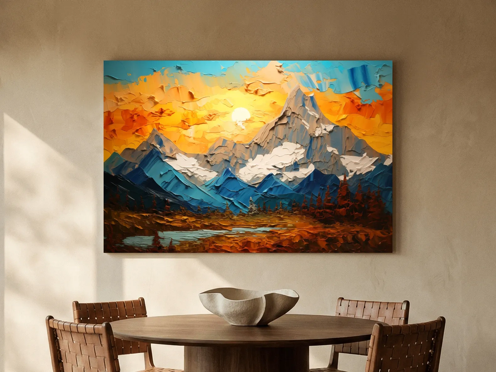 Palette Knife Style Mountain Sunset Painting - Vibrant Abstract Alpine Artwork