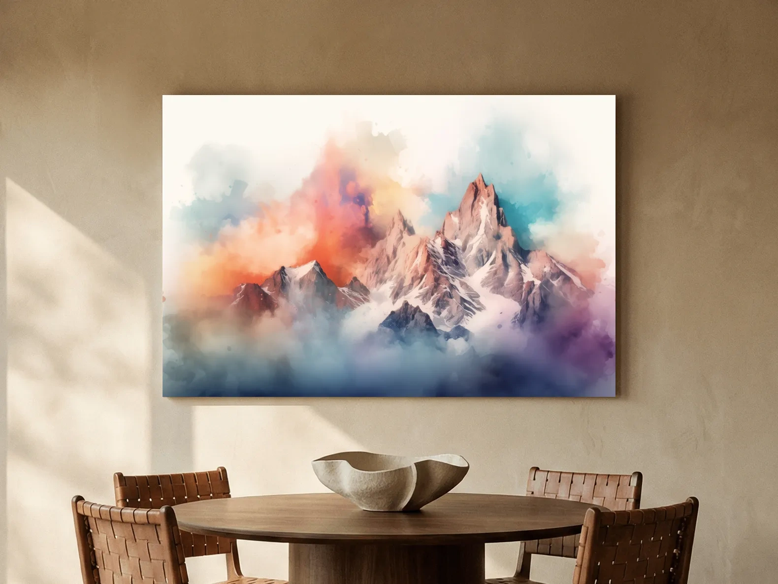 Vibrant Watercolor Alpine Mountain Peaks - Colorful Misty Artwork