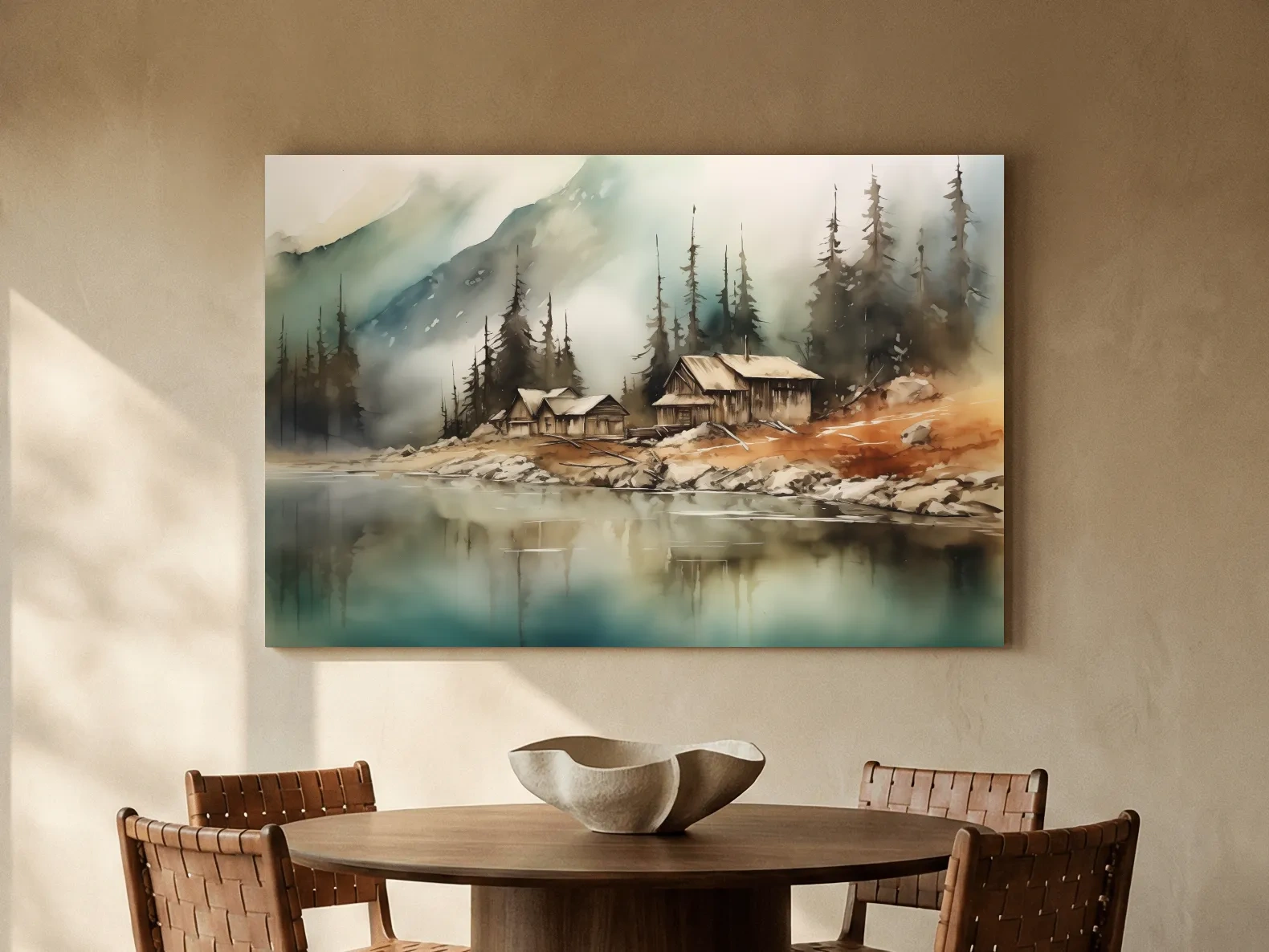 Rustic Lakeside Cabin Watercolor Landscape - Serene Alpine Mountain Wall Art