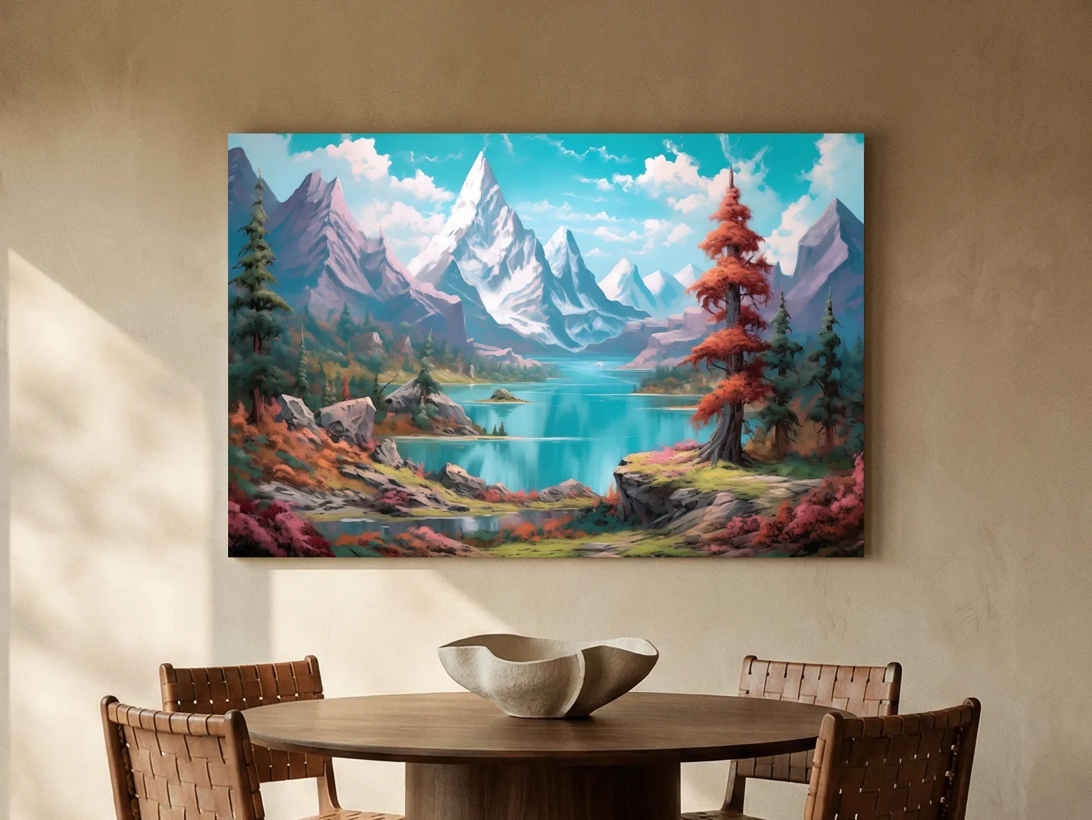 Vibrant Fantasy Alpine Lake Mountains - Surreal Colorful Artwork