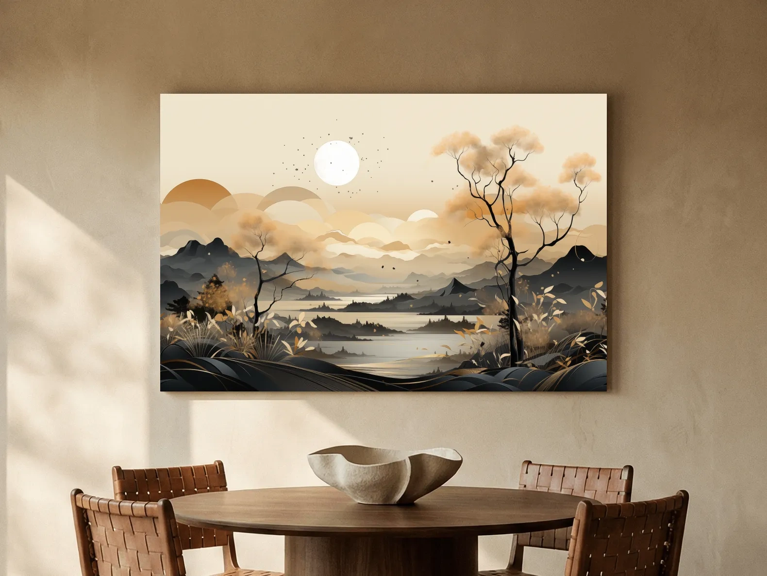 Japandi Misty Mountain Lake Landscape - Boho Wall Artwork