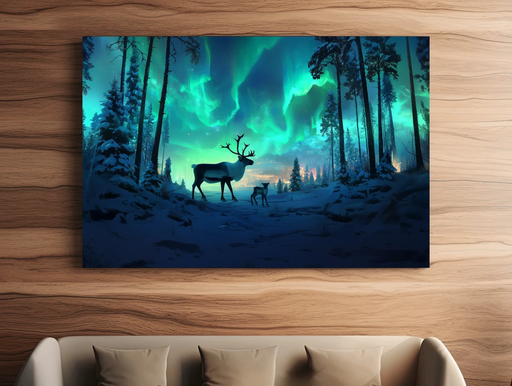 Caribou Buck Under Aurora Borealis Winter Scene - Fantasy Northern Lights Forest Wall Art