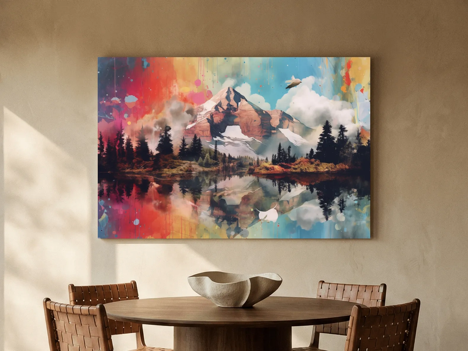 Vibrant Abstract Mountain Lake Painting - Colorful Landscape Wall Art