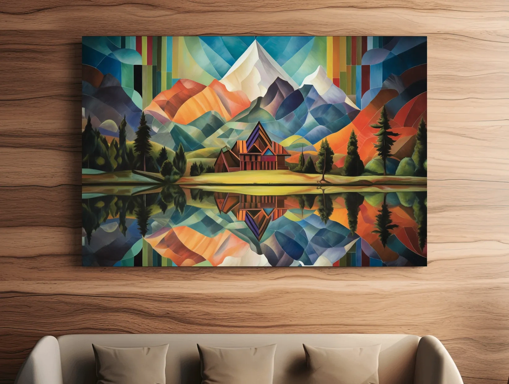 Vibrant Geometric Mountain Cabin Lake Reflection - Colorful Abstract Landscape Wall Art