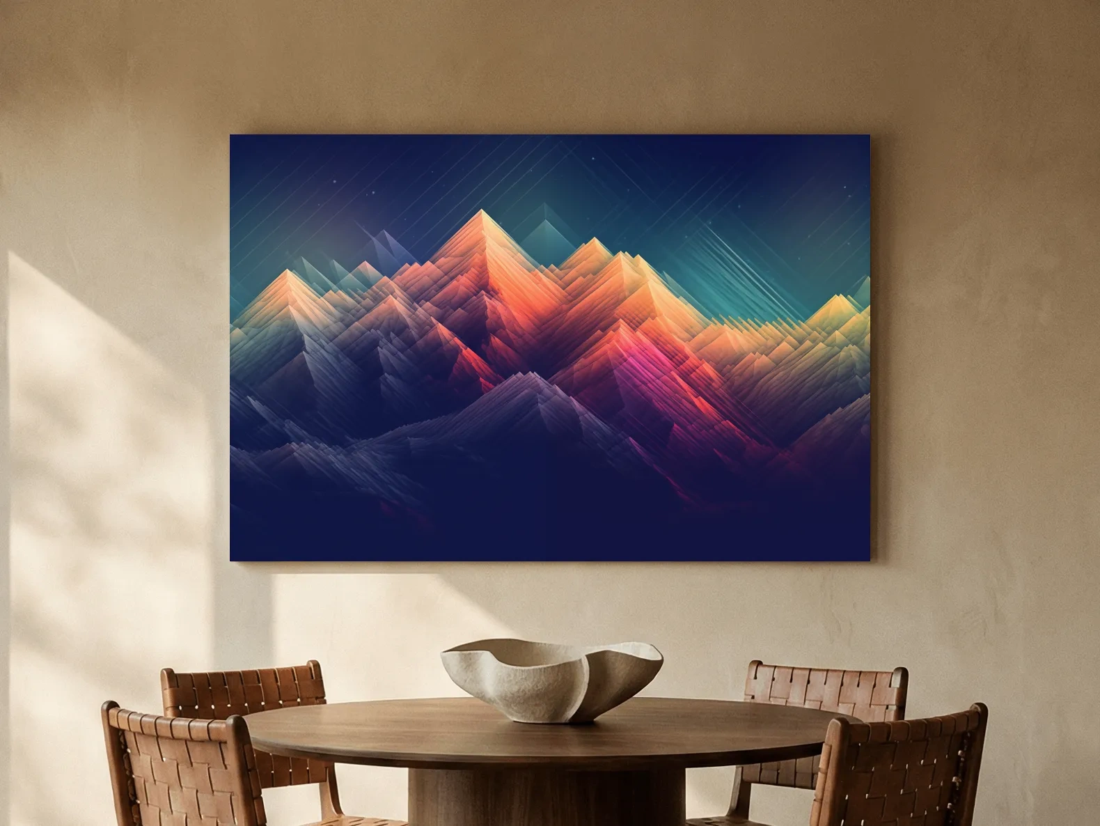 Vibrant Geometric Neon Mountain Peaks - Abstract Alpine Wall Art