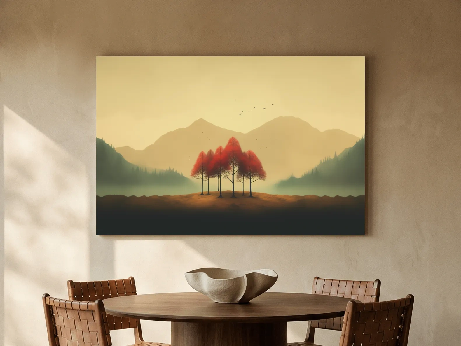 Minimalist Autumn Tree Grove Landscape - Misty Mountain Forest Wall Art