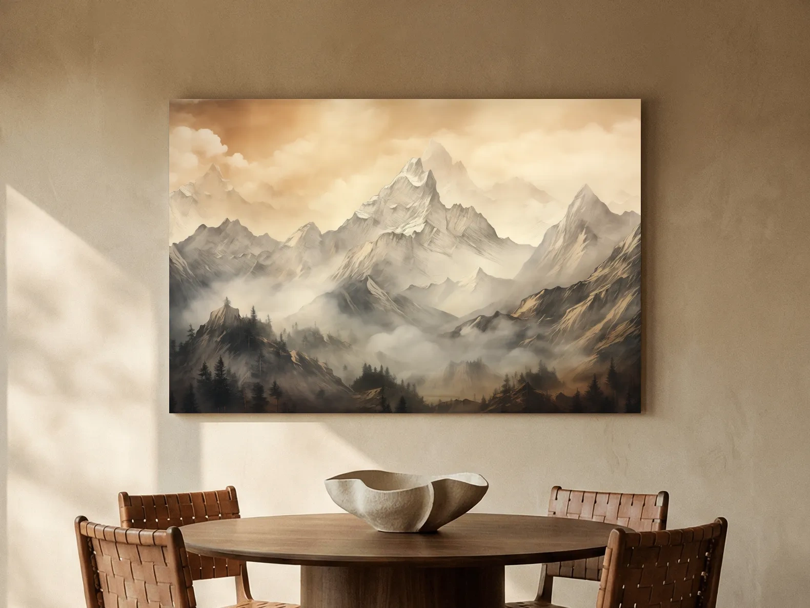 Moody Sepia Misty Mountain Peaks - Atmospheric Alpine Landscape Painting Wall Art