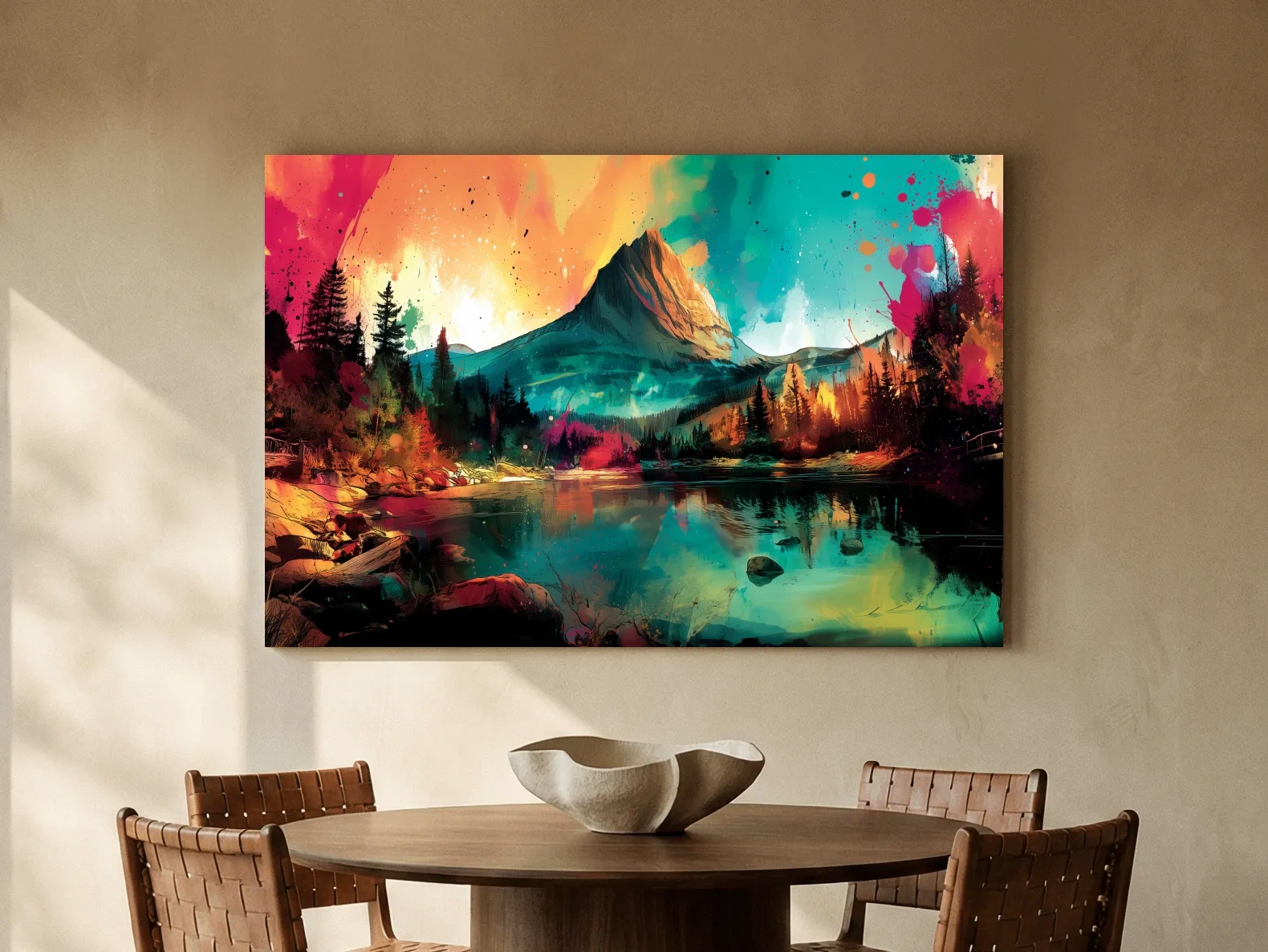 Vibrant Abstract Alpine Mountain Sunrise - Colorful Watercolor Style Artwork