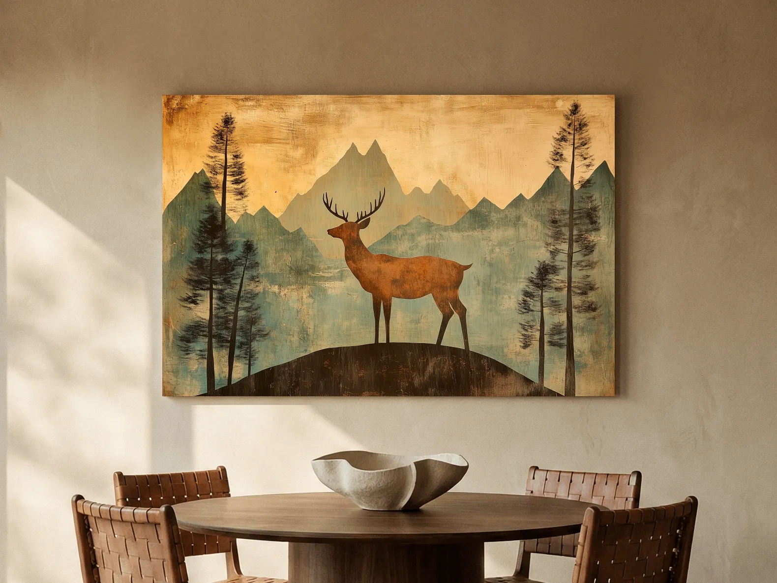 Rustic Deer Silhouette Mountain Landscape - Vintage Woodland Wall Art
