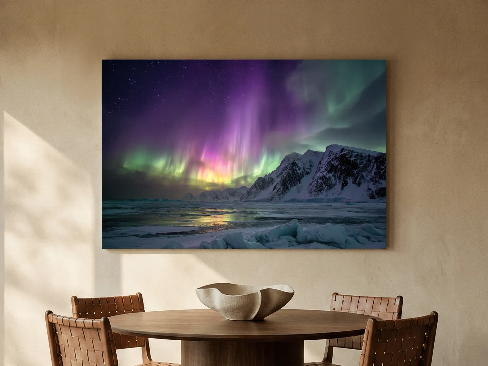 Vibrant Northern Lights Over Snowy Mountains - Aurora Borealis Photographic Night Sky Wall Art