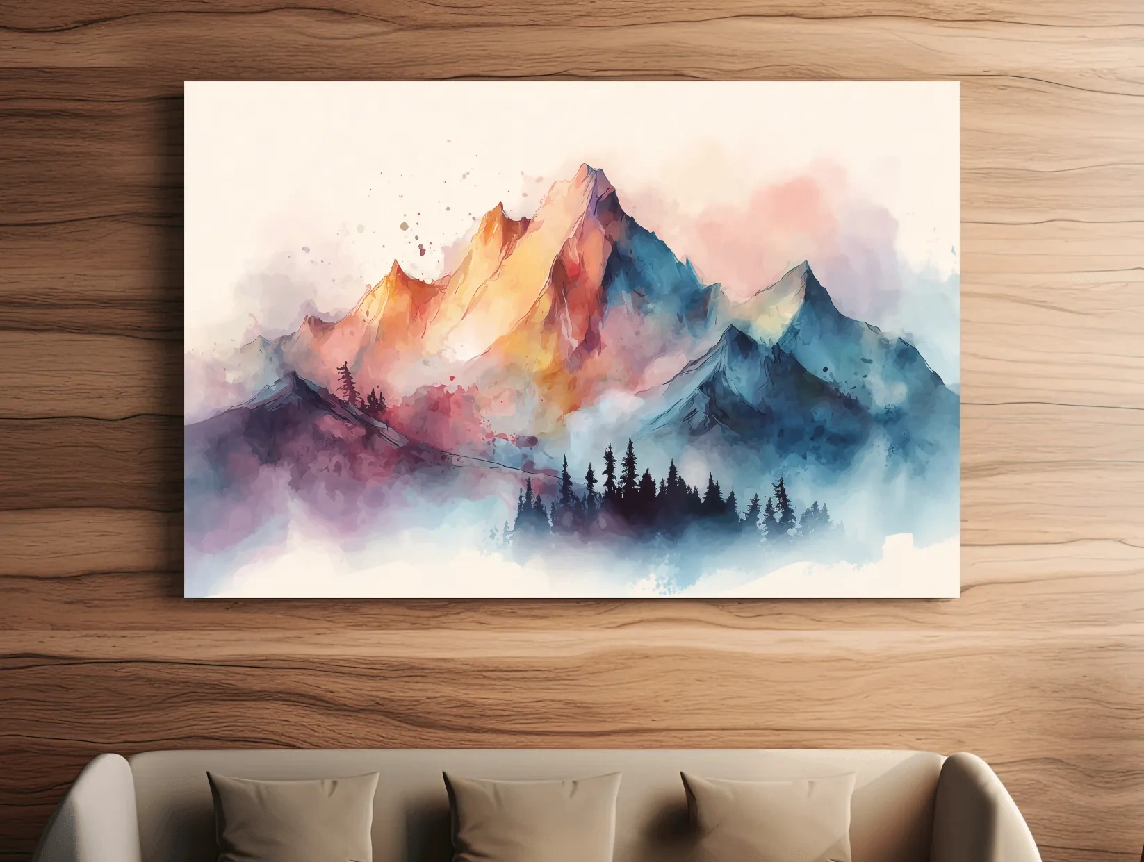 Vibrant Watercolor Mountain Peaks - Colorful Misty Alpine Forest Wall Art