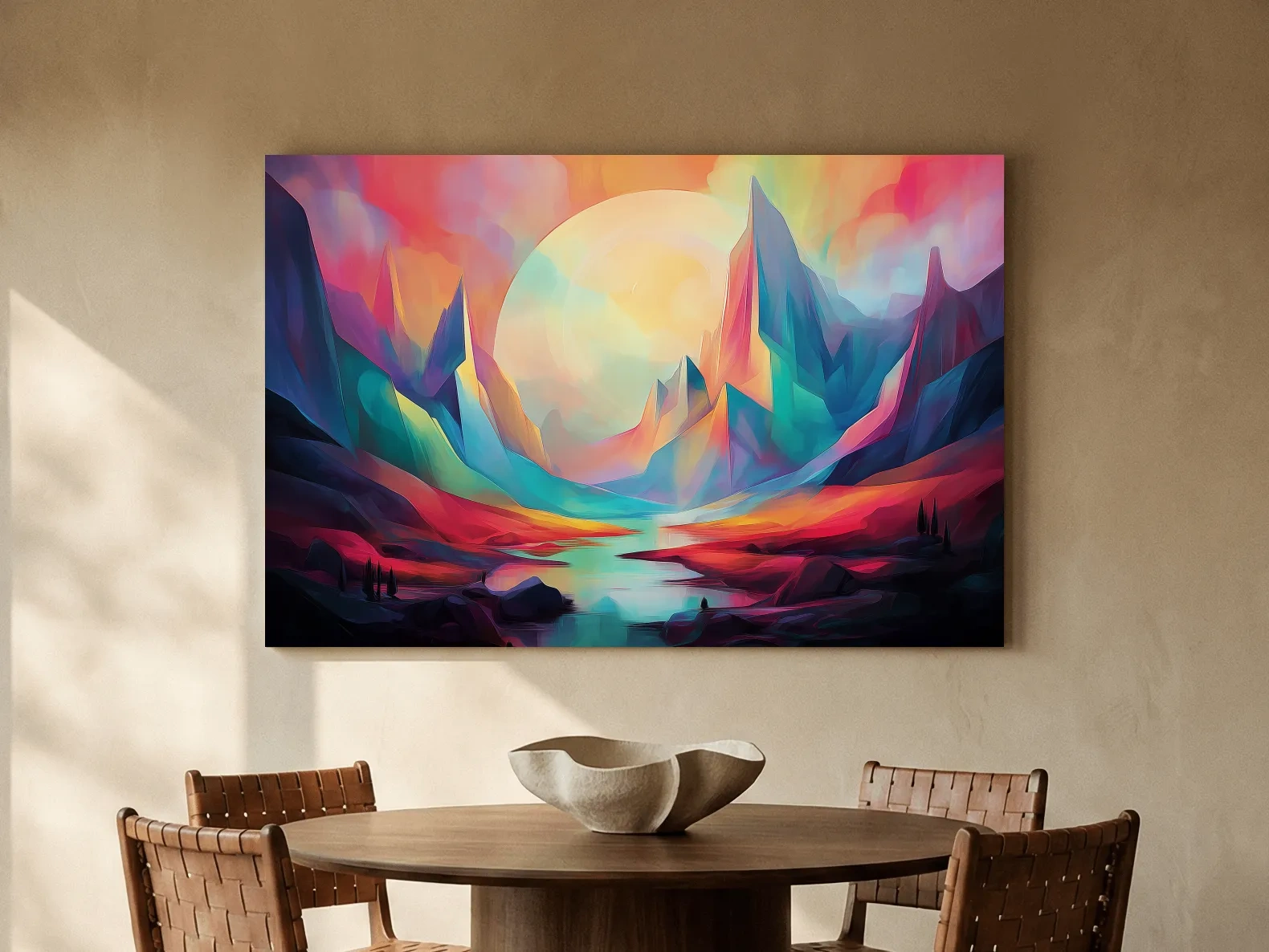 Vibrant Abstract Mountain Valley Sunset - Colorful Surreal Landscape Wall Art