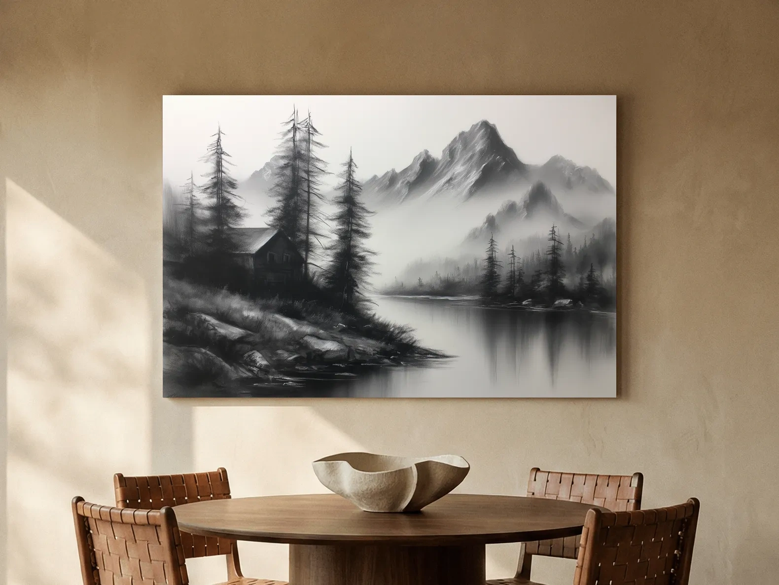 Moody Monochrome Alpine Lake Cabin - Charcoal Mountain Sketch Style Wall Art