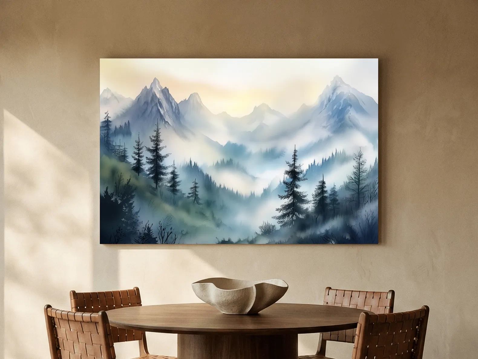Chinese Ink Wash Watercolor Mountain Peaks - Foggy Alpine Wall Art