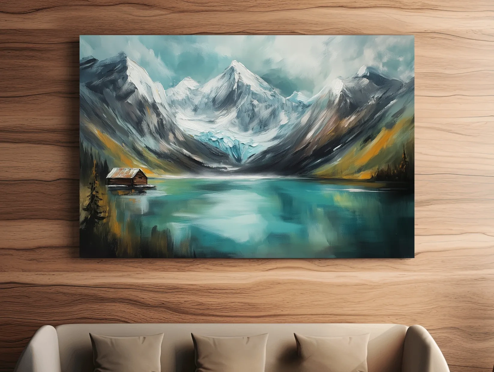 Turquoise Alpine Lake Cabin Painting - Snowy Mountain Landscape Wall Art