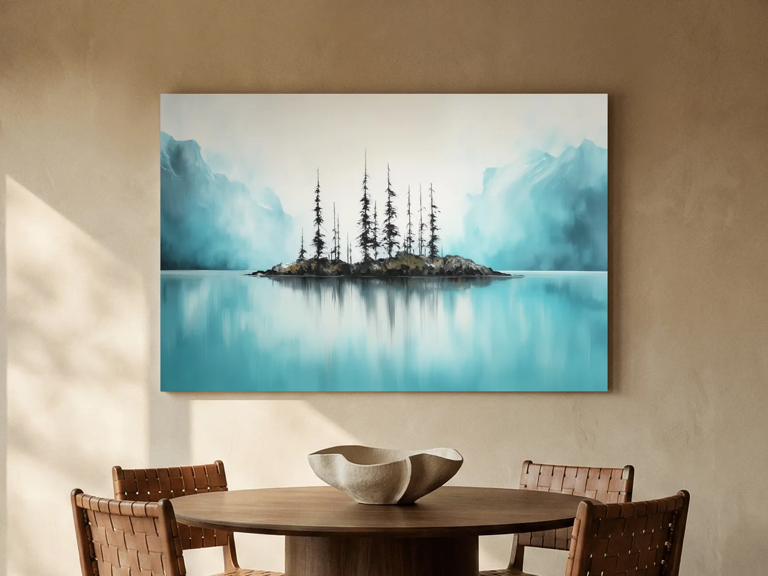Misty Turquoise Mountain Lake Reflection - Minimalist Watercolor Landscape Wall Art