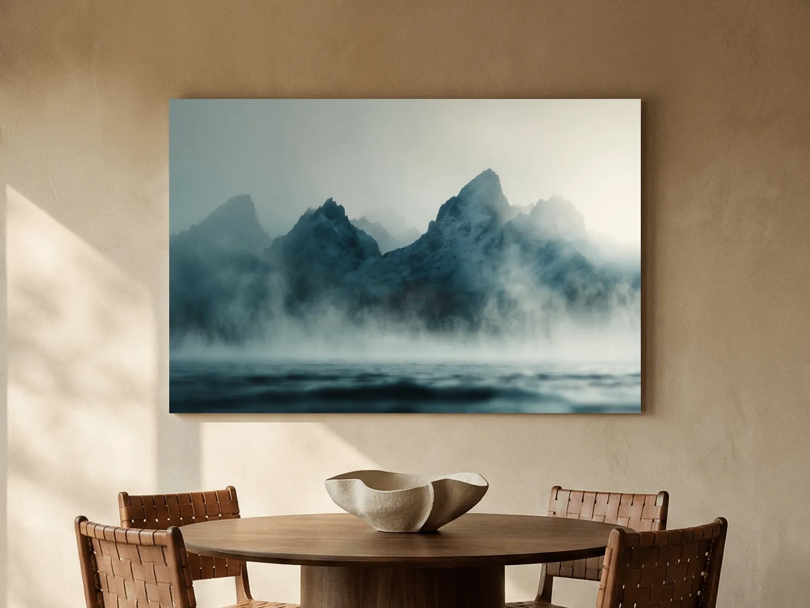 Moody Misty Mountain Peaks Over Water - Atmospheric Monochrome Landscape Wall Art