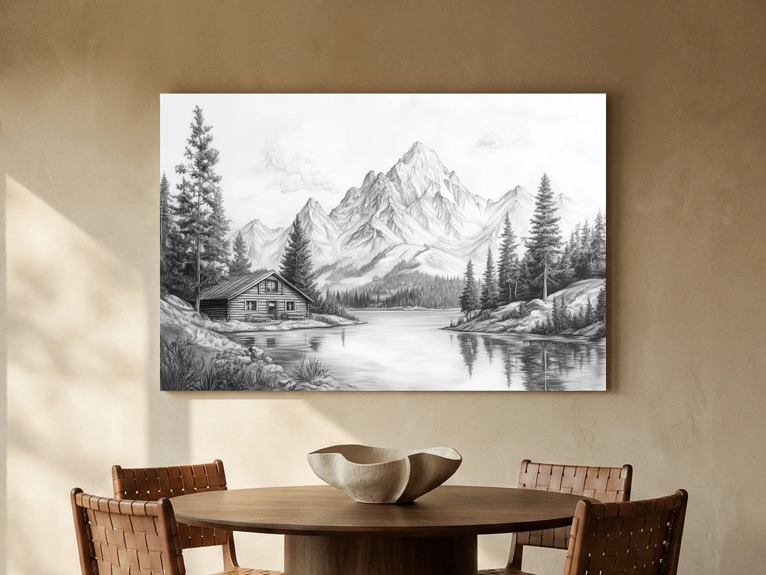 Vintage Pencil Sketch Alpine Lake Cabin - Black And White Mountain Landscape Wall Art