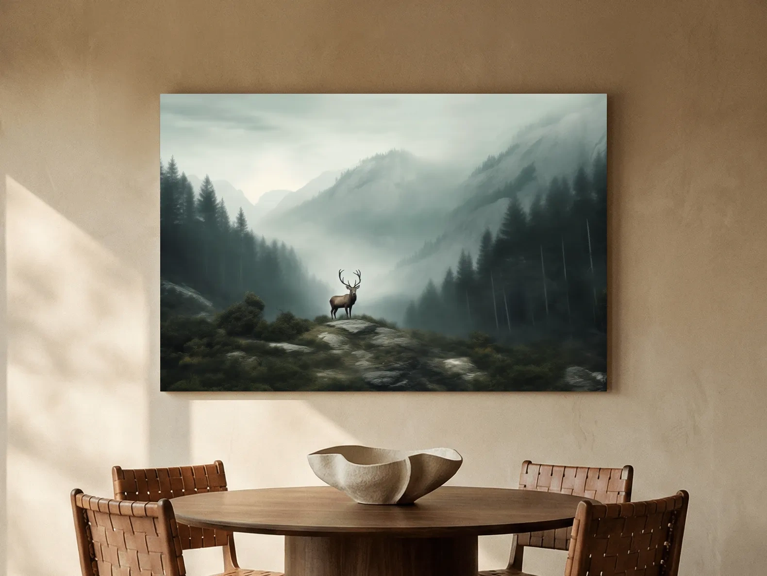Moody Misty Mountain Deer Landscape - Atmospheric Forest Wildlife Wall Art