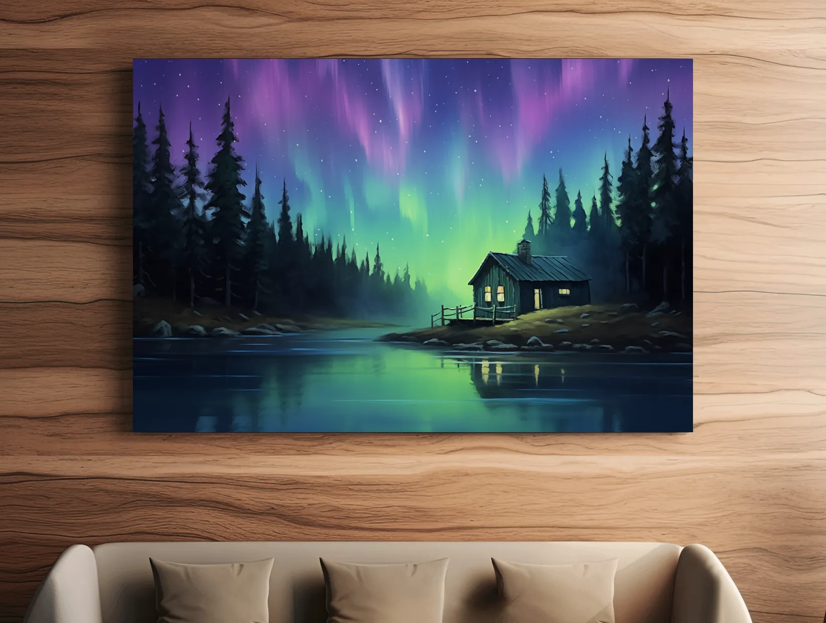Northern Lights Over Lakeside Cabin Painting - Aurora Borealis Night Wall Art