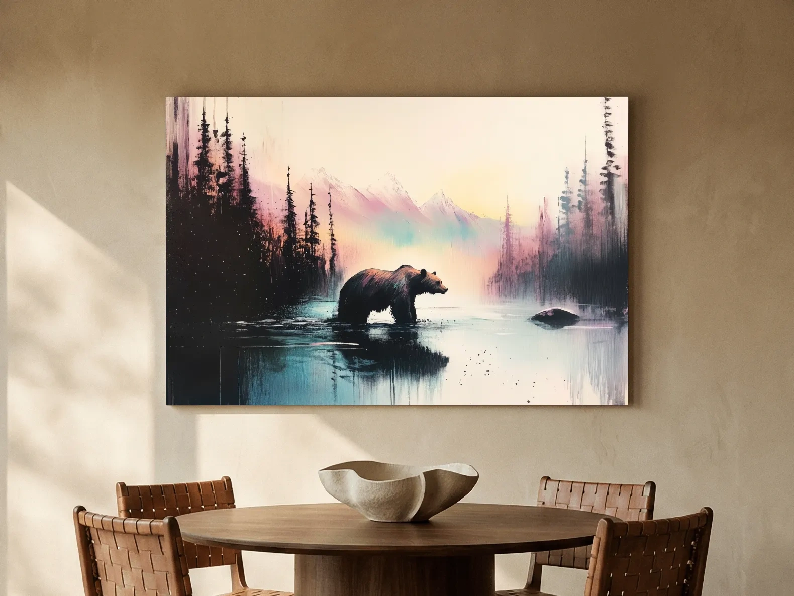 Moody Watercolor Grizzly Bear Lake Reflection - Misty Mountain Wilderness Wall Art