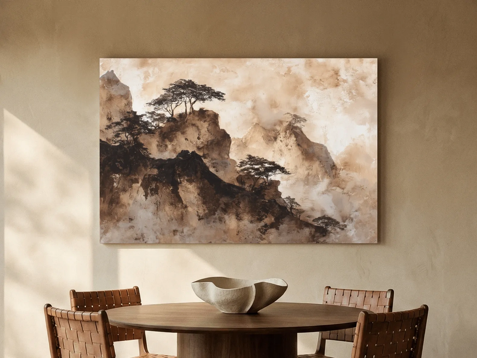 Sepia Japandi Mountain Ridge Painting - Atmospheric Ink Wash Art