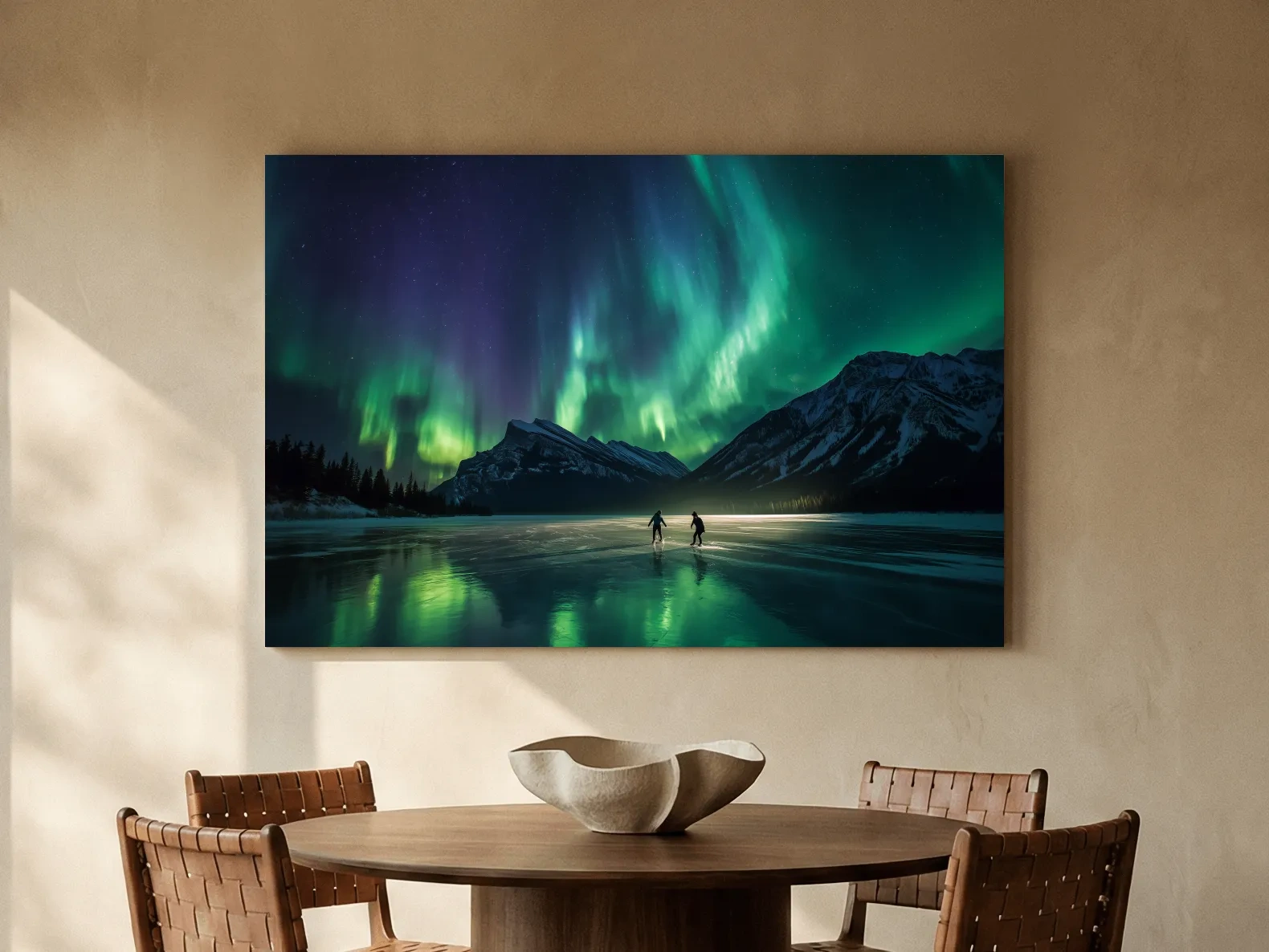 Ice Skaters Under Vibrant Northern Lights - Aurora Borealis Photographic Wall Art