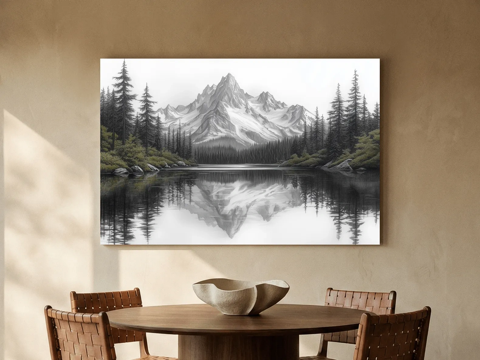 Monochrome Alpine Mountain Lake Reflection Sketch Artwork - Minimalist Forest Landscape Wall Art