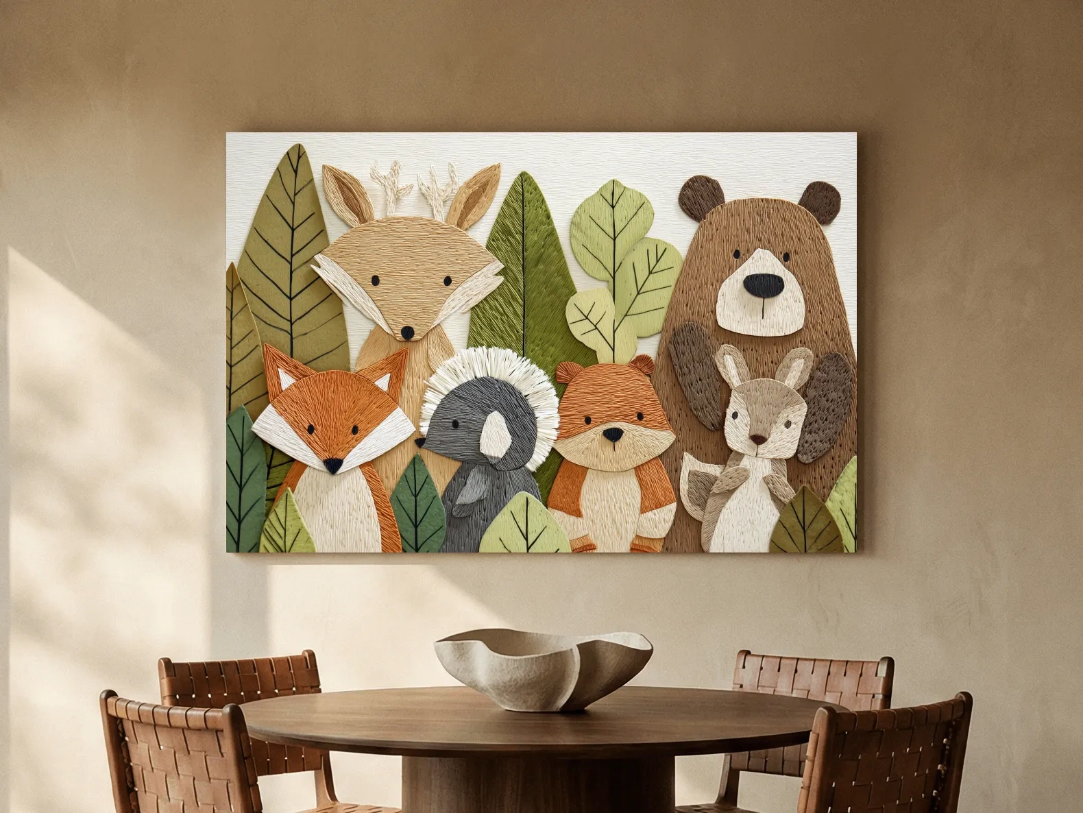 Woodland Animal Nursery Decor - Cute Forest Animals Embroidery Style Wall Art