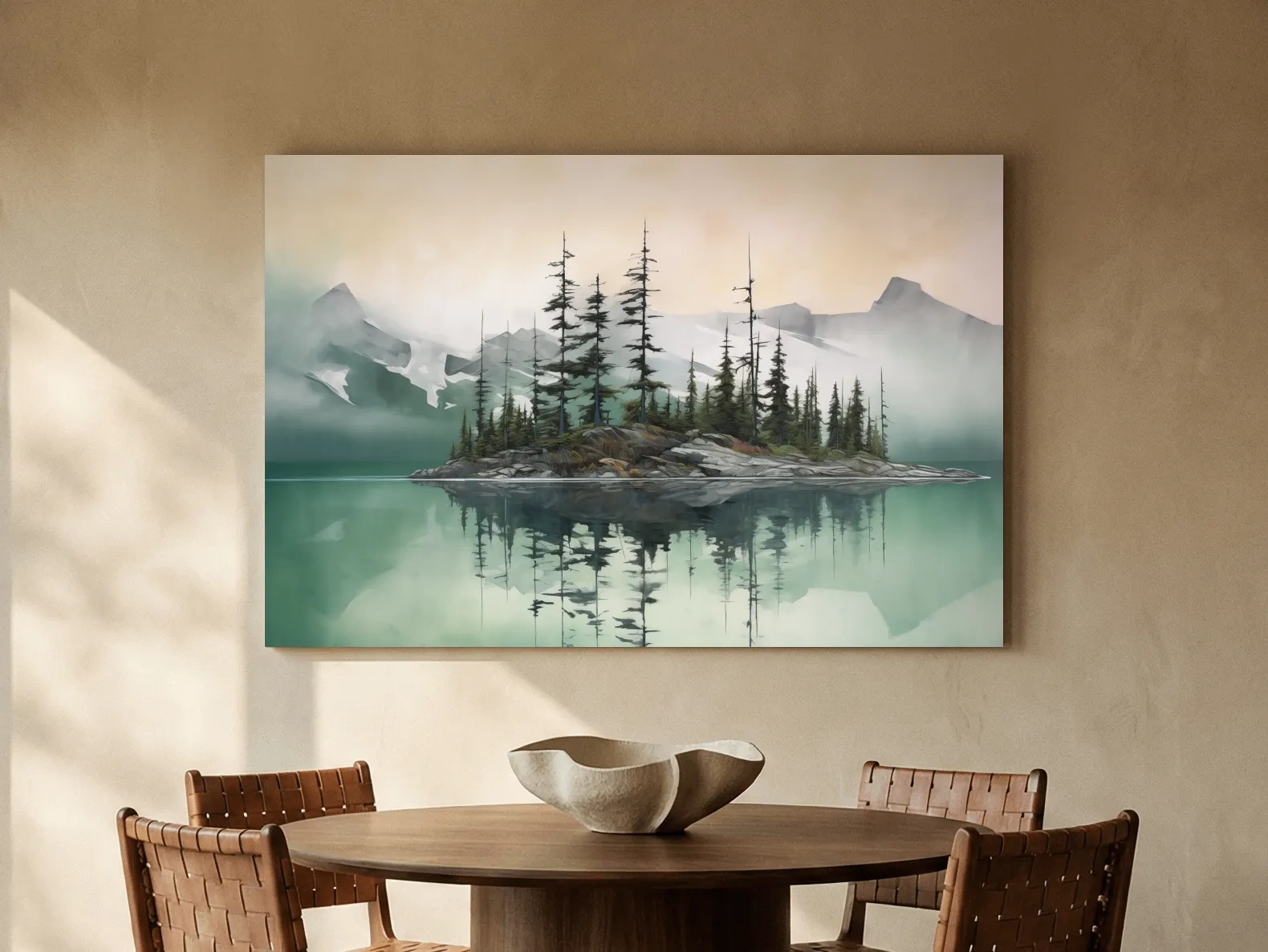 Misty Turquoise Alpine Lake Reflection - Serene Watercolor Mountain Landscape Wall Art