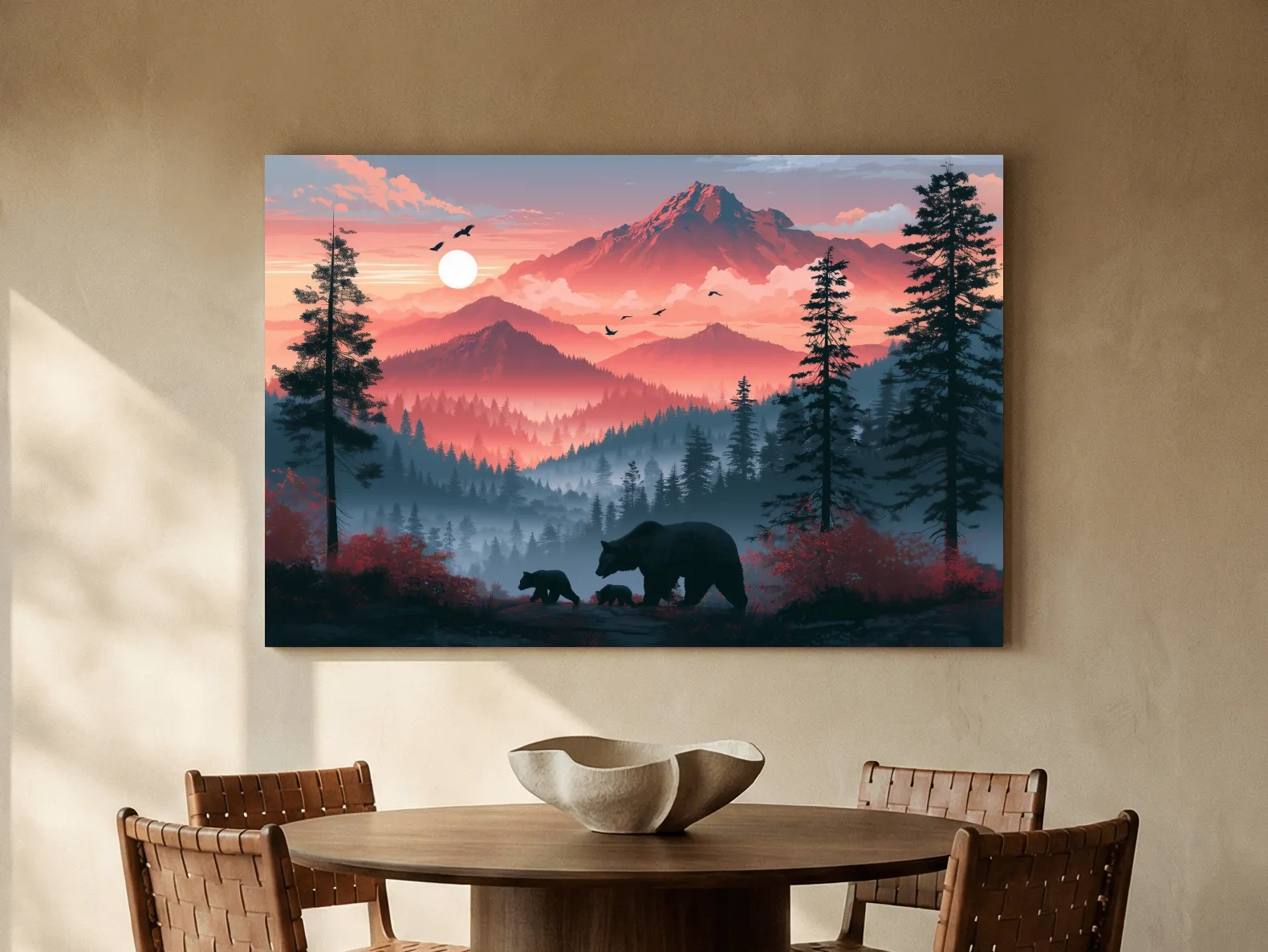 Sunset Mama Bear & Cubs Silhouette - Forest Wildlife Wall Art